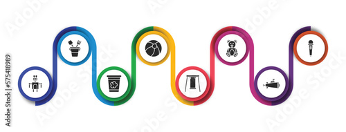 toys filled icons with infographic template. glyph icons such as sand bucket toy, beach ball toy, teddy bear toy, microphone robot dough swing submarine vector.