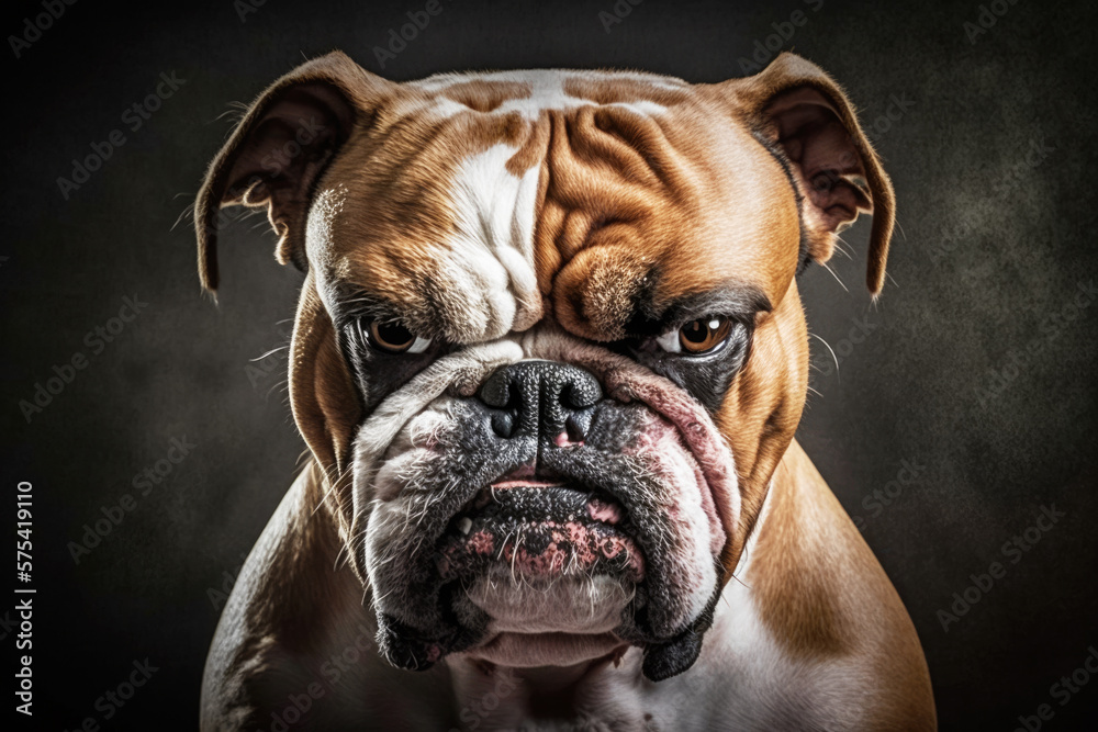 Portrait of a sullen and cool bulldog gaze and frown as a symbol of protection and strength. AI generative