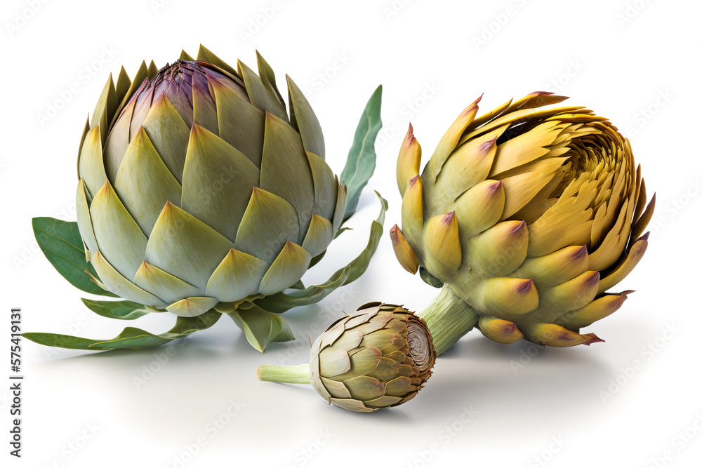 Obraz premium Raw ripe Artichokes vegetables isolated on white background. AI generative