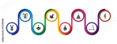 toys filled icons with infographic template. glyph icons such as xylophone toy, rocking horse toy, pyramid toy, troll bunny spinning ladybug scooter vector.