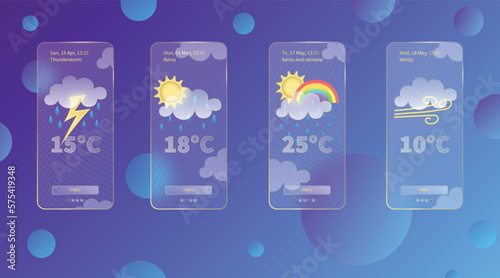 Set of 3d glassmorphism weather forecast app template Interface design kit. Day meteo icons on dark blue gradient background Season collections smartphone glass morphism screen Vector illustrations