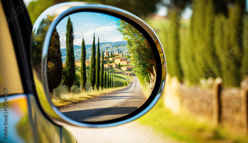 The view of the reflection in the rearview mirror of a rented car on a slender row of cypresses. Travel and trip vacation concept. AI generative