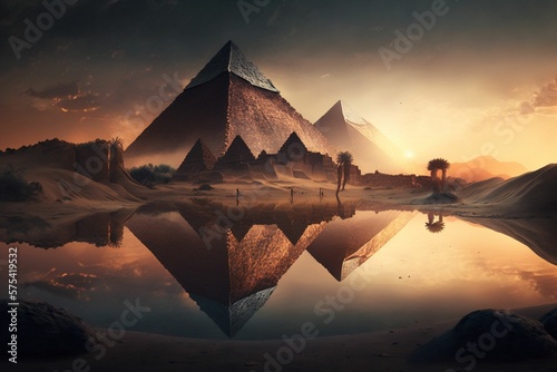 Pyramids sunset. AI Generated