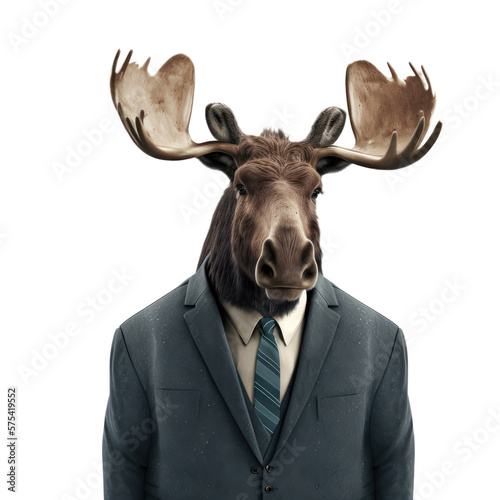 Portrait of a moose dressed in a formal business suit on white background, transparent png, generative ai