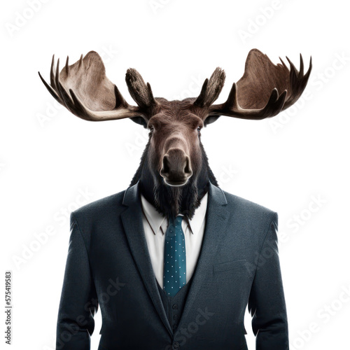 Portrait of a moose dressed in a formal business suit on white background, transparent png, generative ai © Rawf8