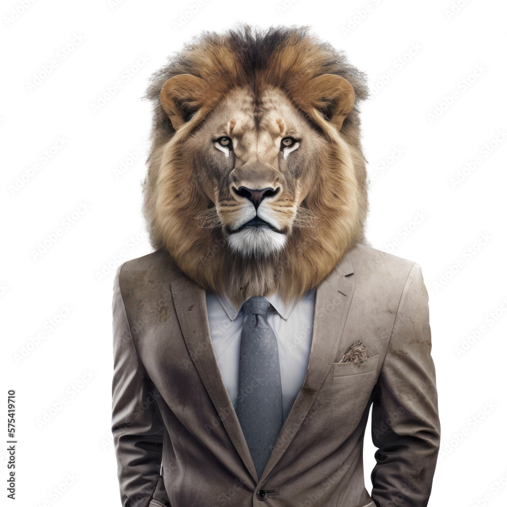 Portrait of a lion dressed in a formal business suit on white ...