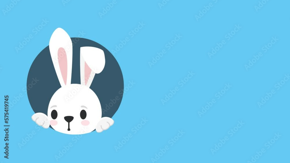 Cute bunny looks out of a hole, 4K animation on a blue background