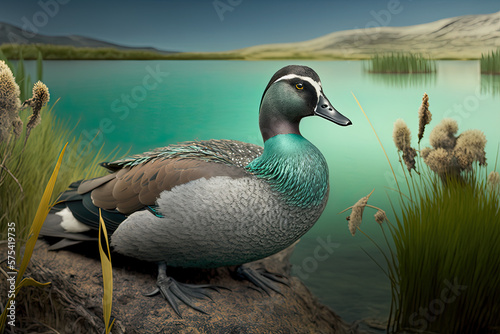  Baikal teal in a summer lake landscape , generative artificial intelligence  photo