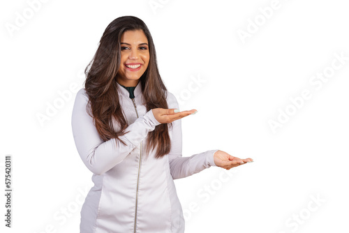 Horizontal photo. brazilian woman with medical coat, nutritionist. advertising on the right. photo