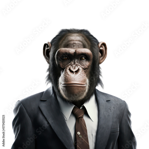 Portrait of a chimpanzee dressed in a formal business suit on white background, transparent png, generative ai © Rawf8