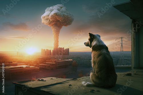 Dog Views City Over nuclear Blast. Generative AI photo