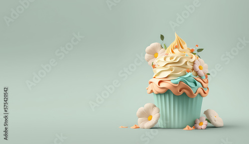 Creative cupcake with tasty cream swirl decorated with flowers isolated on a pastel background. 3d render illustration. Generative AI art. Copy space, cartoon style. Summer dessert concept.