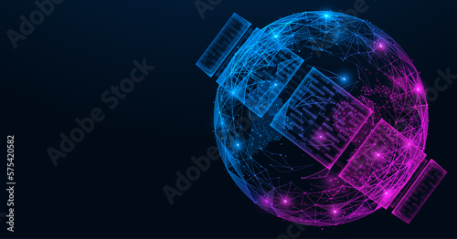 An Earth sphere with binary numbers in orbit. Polygonal design of lines and dots.