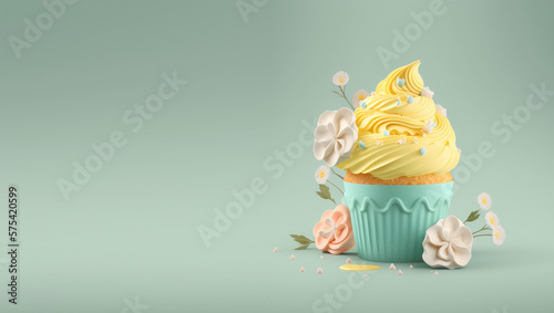 Creative cupcake with yellow cream swirl decorated with flowers isolated on a pastel background. 3d render illustration. Generative AI art. Copy space, cartoon style. Summer dessert concept.