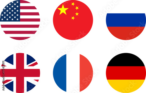 Set of Round Flag Collection of USA United States of America, People's Republic of China, Russia, United Kingdom UK Great Britain, France and Germany. Vector Image. photo