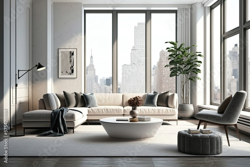 Luxurious Emerald Green Sofa in Modern Living Room with City View