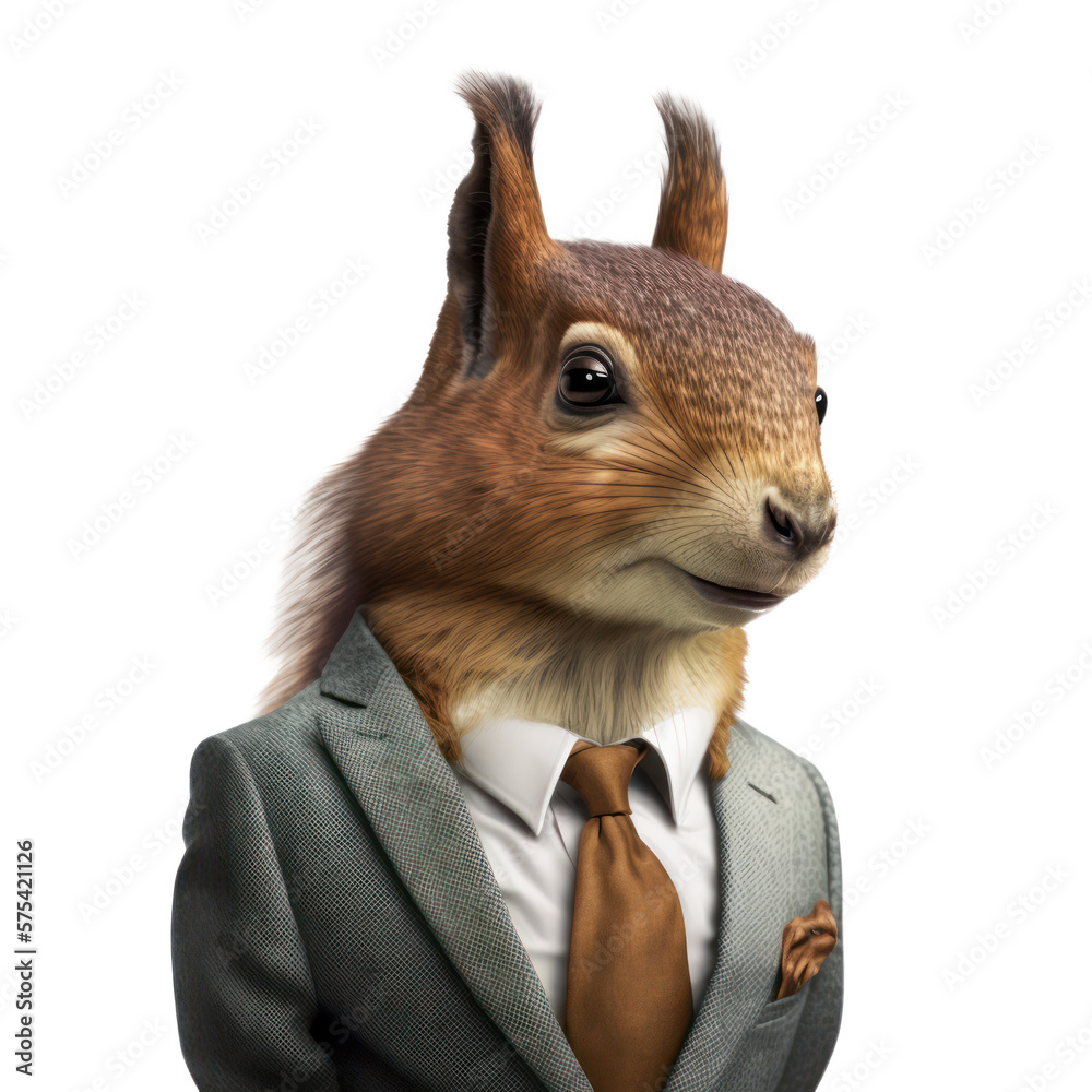 Portrait of a squirrel dressed in a formal business suit on white ...