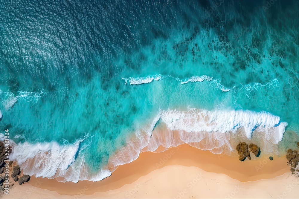 Aerial view of sandy beach, clear turquoise Mediterranean sea. Photo generative AI - obrazy, fototapety, plakaty 