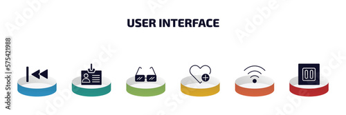 user interface infographic element with filled icons and 6 step or option. user interface icons such as backward track, personal credentials, square glasses, add a like, connection, square stop