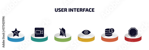 user interface infographic element with filled icons and 6 step or option. user interface icons such as cinema star, facetime, disable alarm, visual, earn money, eighties vector.