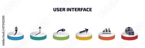 user interface infographic element with filled icons and 6 step or option. user interface icons such as turn up arrow, right up arrow, right drawn arrow, 3d forward dual bars interface, window