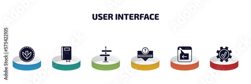 user interface infographic element with filled icons and 6 step or option. user interface icons such as bottom arrows, ribbon from a book, , question button, window back button, right tings vector.