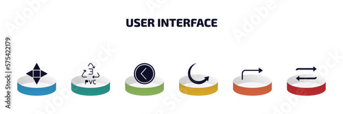 user interface infographic element with filled icons and 6 step or option. user interface icons such as navigation arrows, 3 pvc, round left button, circular arrow, turn right arrow, replay arrows