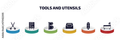 tools and utensils infographic element with filled icons and 6 step or option. tools and utensils icons such as open scissors, daily specials board, bold, tray for papers, semaphore light, bath tub