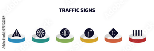 traffic signs infographic element with filled icons and 6 step or option. traffic signs icons such as pothole, no virus, degree curve road, right bend, narrow bridge, crossing vector.