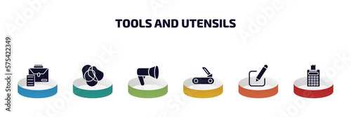 tools and utensils infographic element with filled icons and 6 step or option. tools and utensils icons such as briefcase document, rubber bands, megaphone side view, penknife, edit picture,