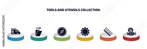 tools and utensils collection. infographic element with filled icons and 6 step or option. tools and utensils collection. icons such as firetruck, shear, cardinal, , combs, candies vector.