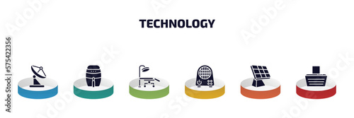 technology infographic element with filled icons and 6 step or option. technology icons such as reciever, fryer, operating table, air cooler, frontal solar panel, hood vector.