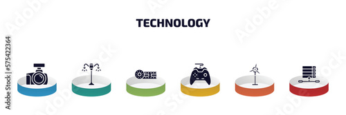technology infographic element with filled icons and 6 step or option. technology icons such as cam with big len, lamp post, horizontal film strip, big joystick, eolic, file storage vector.