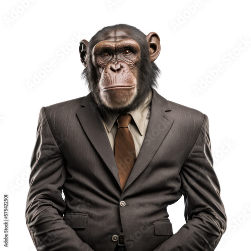 Portrait of a chimpanzee dressed in a formal business suit on white background, transparent png, generative ai © Rawf8