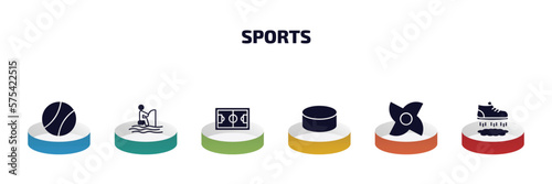 sports infographic element with filled icons and 6 step or option. sports icons such as tennis sport ball, fisher fishing, football pitch, hockey puck, ninja shuriken, flying shoes vector.