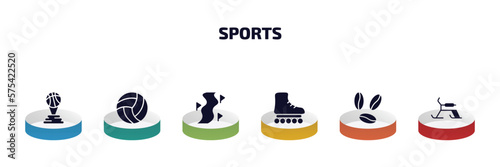 sports infographic element with filled icons and 6 step or option. sports icons such as basketball champion, volleyball ball, slalom, roller skate, brazilian, skibob vector.