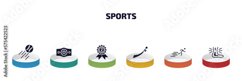 sports infographic element with filled icons and 6 step or option. sports icons such as home run, champion belt, second prize, saber, man sprinting, sprained ankle vector.