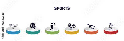 sports infographic element with filled icons and 6 step or option. sports icons such as tennis game, equipment, stretching, balls, karate fighter, biathlon vector.