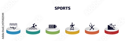 sports infographic element with filled icons and 6 step or option. sports icons such as scuba diving, swimming figure, batter, skating, volleyball motion, snow slide zone vector.