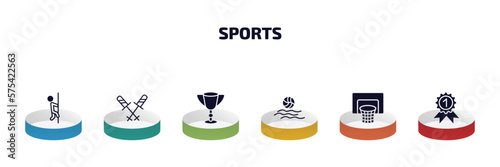 sports infographic element with filled icons and 6 step or option. sports icons such as climber, ski poles, football cup, waterpolo, basketball basket, golden medal vector.