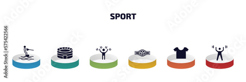 sport infographic element with filled icons and 6 step or option. sport icons such as wakeboarding, estadio, man lifting weight, boxer with belt, short sleeves, weightlifter vector.