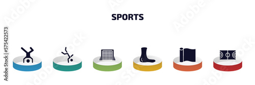 sports infographic element with filled icons and 6 step or option. sports icons such as breakdance, capoeira, hockey goal, ankle, foil, basketball court vector.