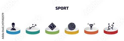sport infographic element with filled icons and 6 step or option. sport icons such as world cup, waiter falling, left bend, exercise ball, weight lifting, aikido vector.
