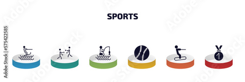 sports infographic element with filled icons and 6 step or option. sports icons such as surf sea, boxing, fishing man, baseball, water ski, medal with number 1 vector.