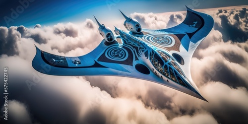 Futuristic passenger jet with blended wing body, BWB, Monowing in flight, created with Generative AI
 photo