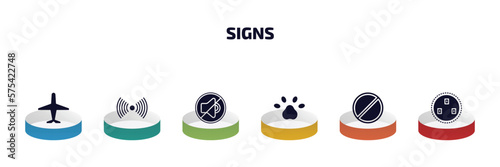 signs infographic element with filled icons and 6 step or option. signs icons such as airport, noise, silence, pet, prohibition, because vector.