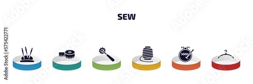 sew infographic element with filled icons and 6 step or option. sew icons such as pin holder, tape, overstitch, spool, embroidery hoop, clothes hanger vector.