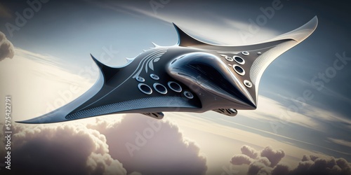 Futuristic passenger jet with blended wing body, BWB, Monowing in flight, created with Generative AI
 photo