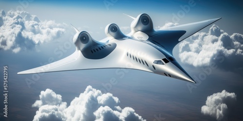 Futuristic passenger jet with blended wing body, BWB, Monowing in flight, created with Generative AI
