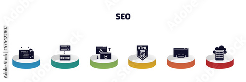 seo infographic element with filled icons and 6 step or option. seo icons such as clean code, compiler, testing, html5, hyperlink, data storage vector.